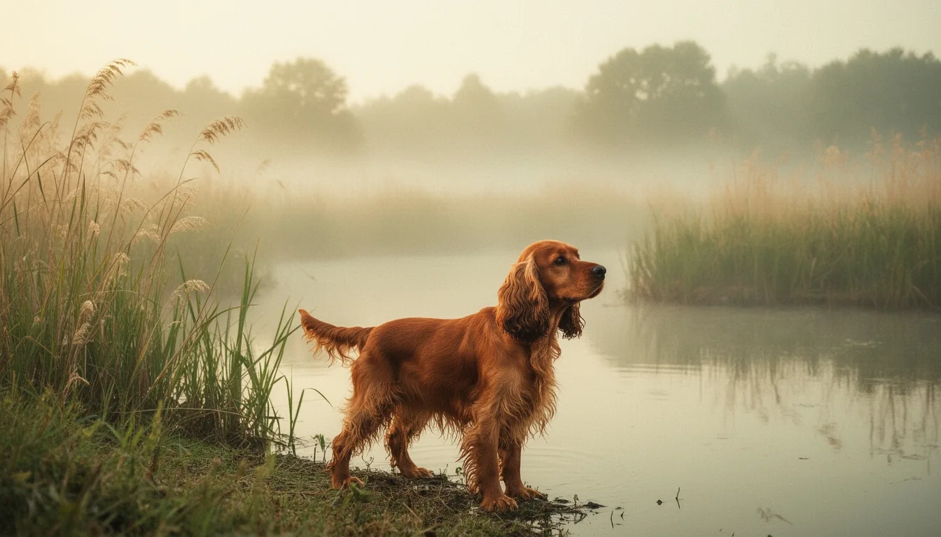 Aube brumeuse sur l’étang aux joncs, un cocker anglais golden au bord de l’eau