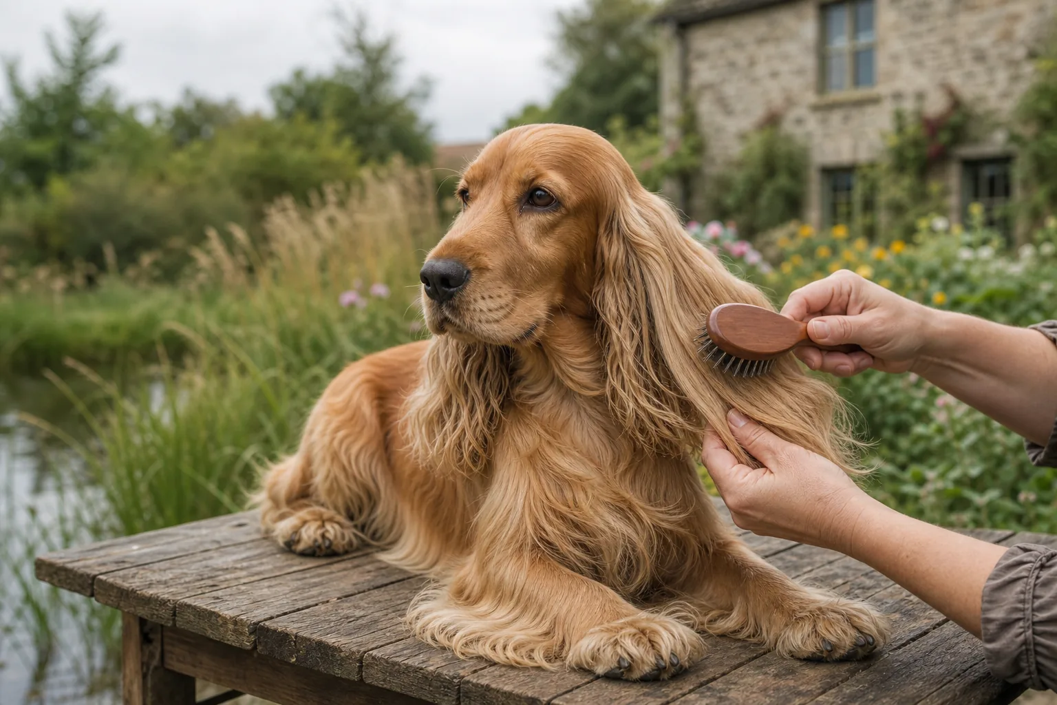 Brossage des franges d’un cocker anglais golden sur la table de toilettage