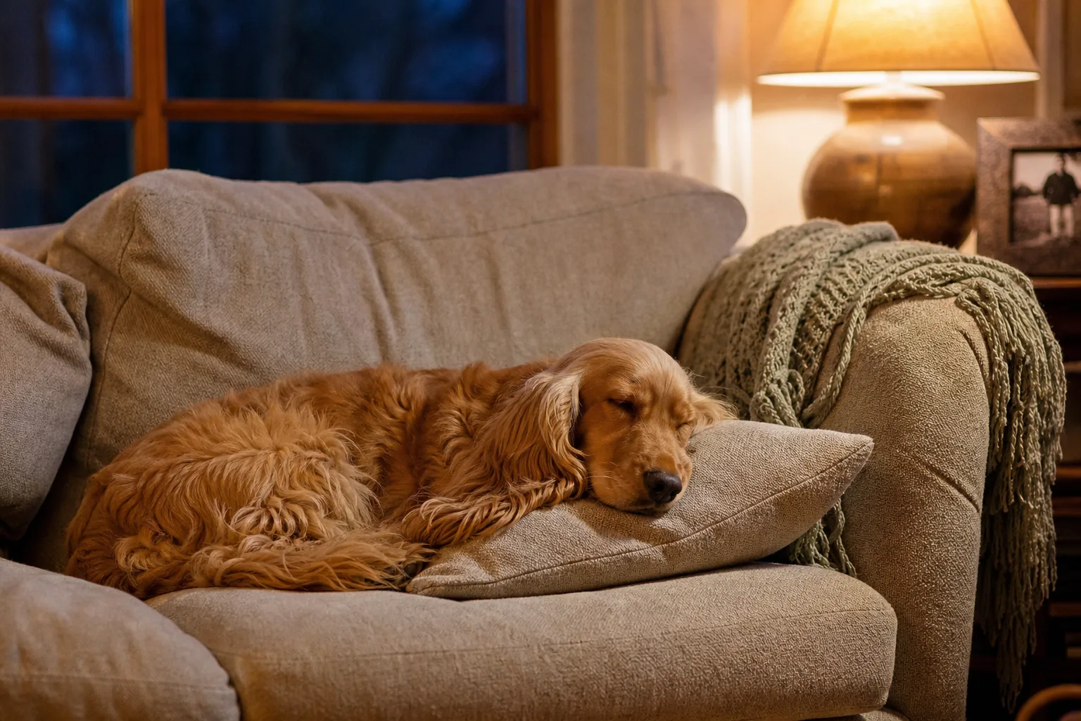 Cocker anglais golden endormi sur le canapé du salon le soir