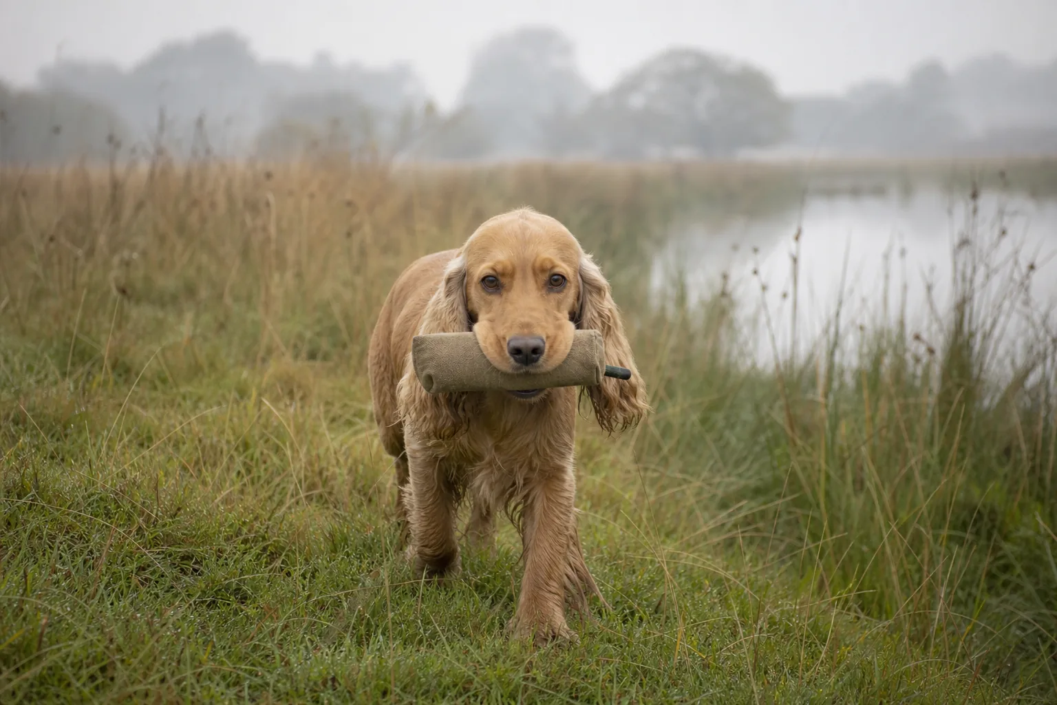 Cocker anglais golden rapportant un boudin de toile dans la prairie humide