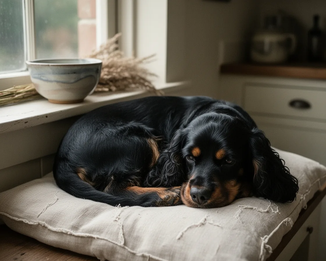 Oscar, cocker anglais noir et feu, endormi sur un coussin de lin près de la fenêtre