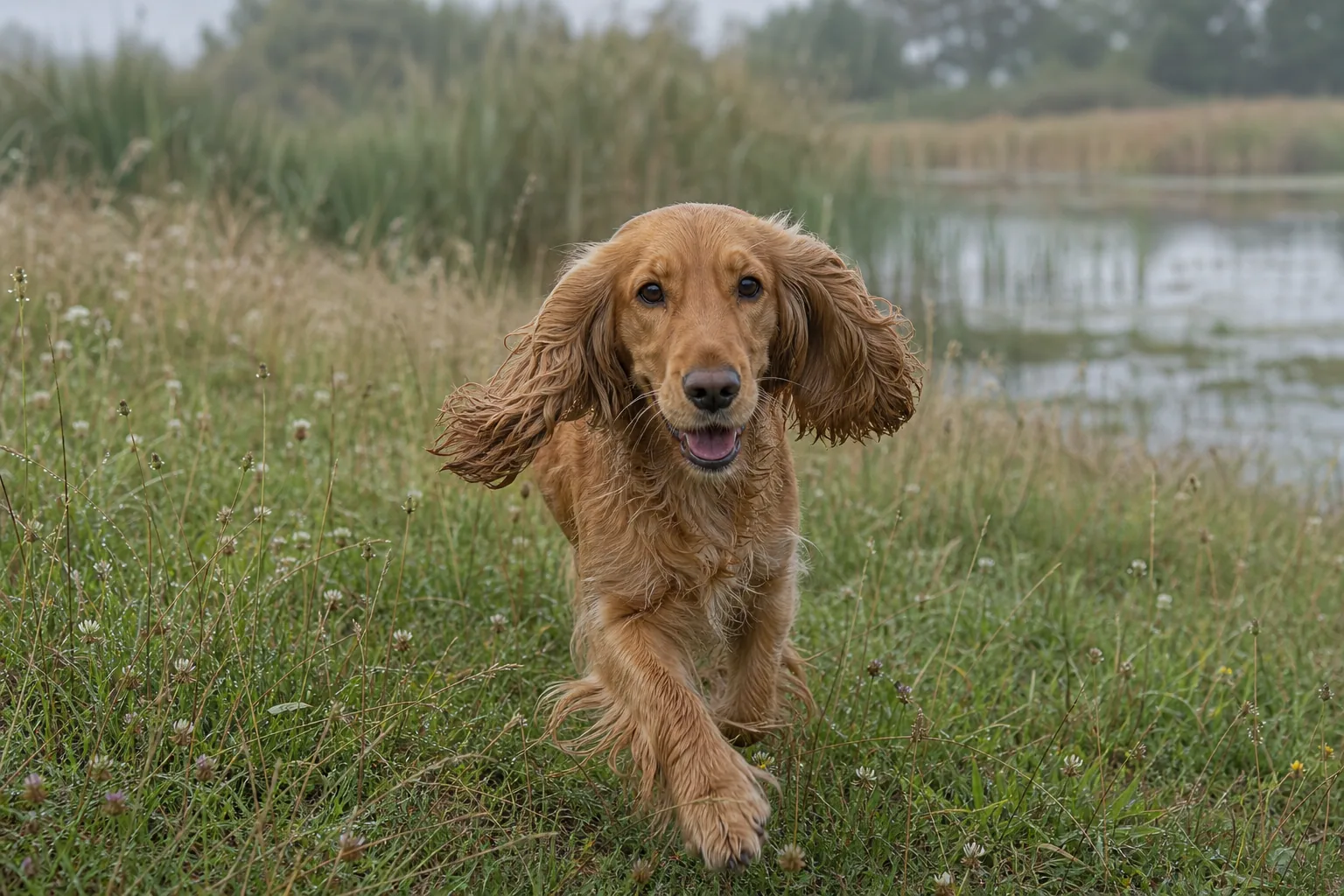 Cocker anglais golden au trot dans les herbes hautes de la prairie