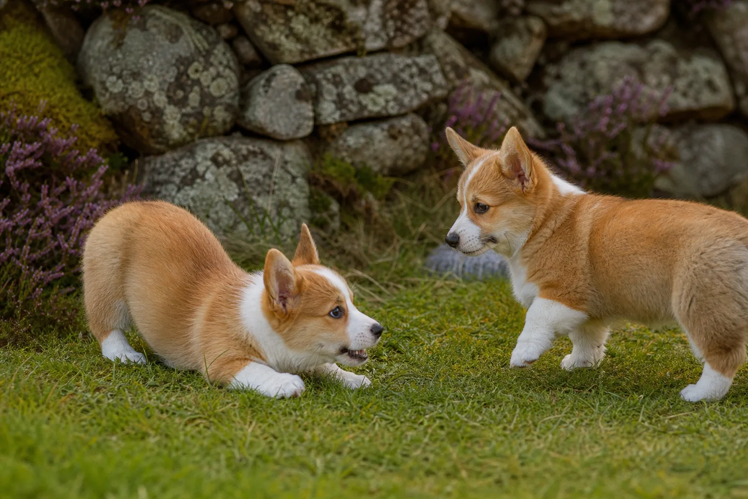 Chiots Welsh Corgi Pembroke jouant dans l'herbe