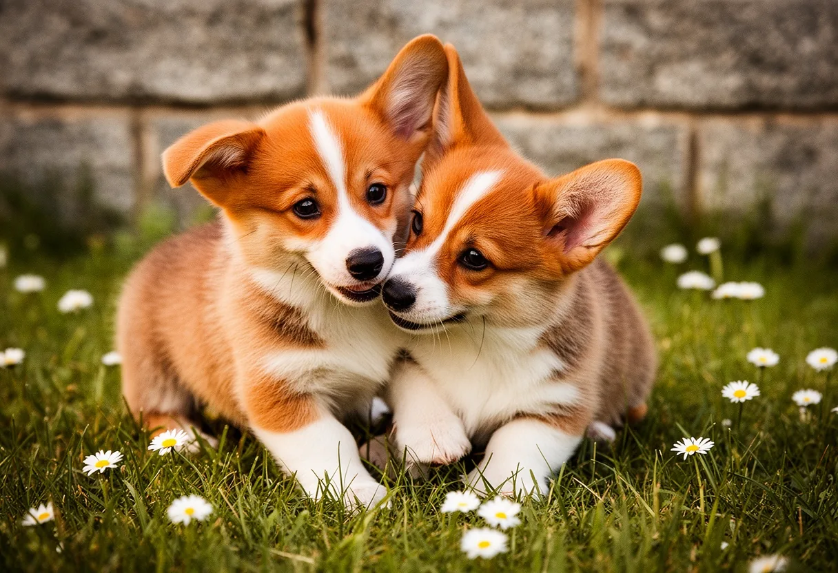 Chiots Welsh Corgi Pembroke jouant dans l'herbe