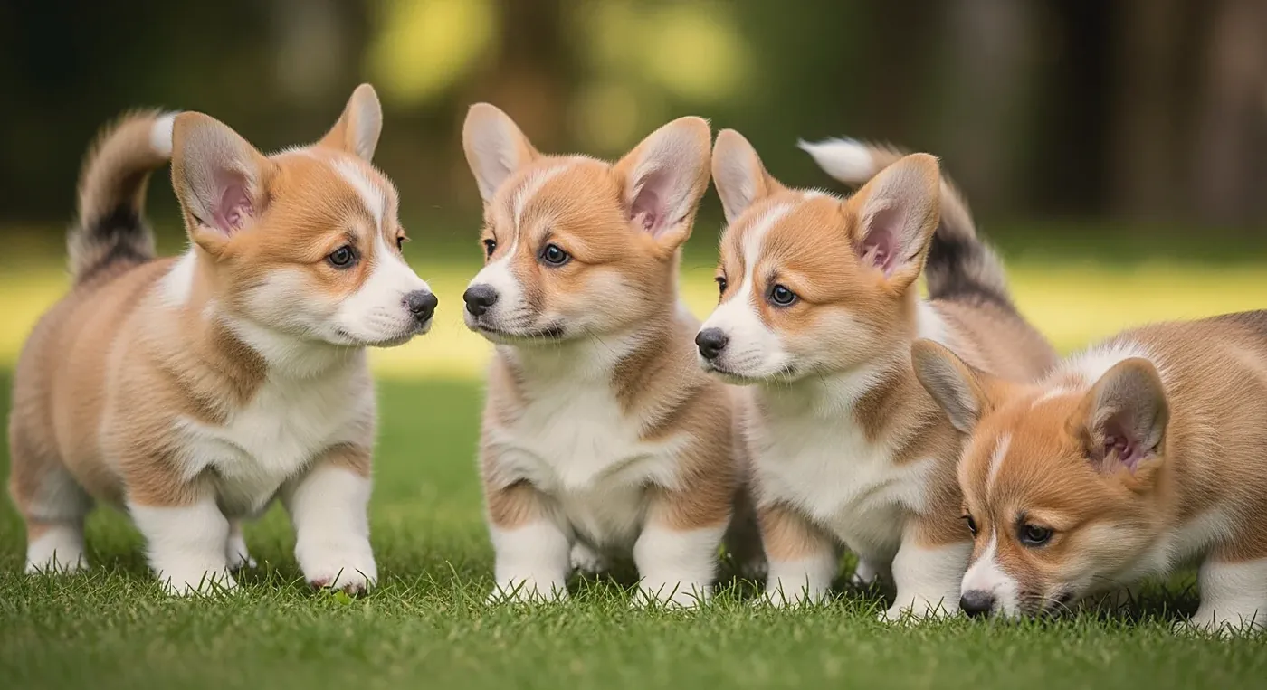 Chiots Welsh Corgi Pembroke jouant dans l'herbe