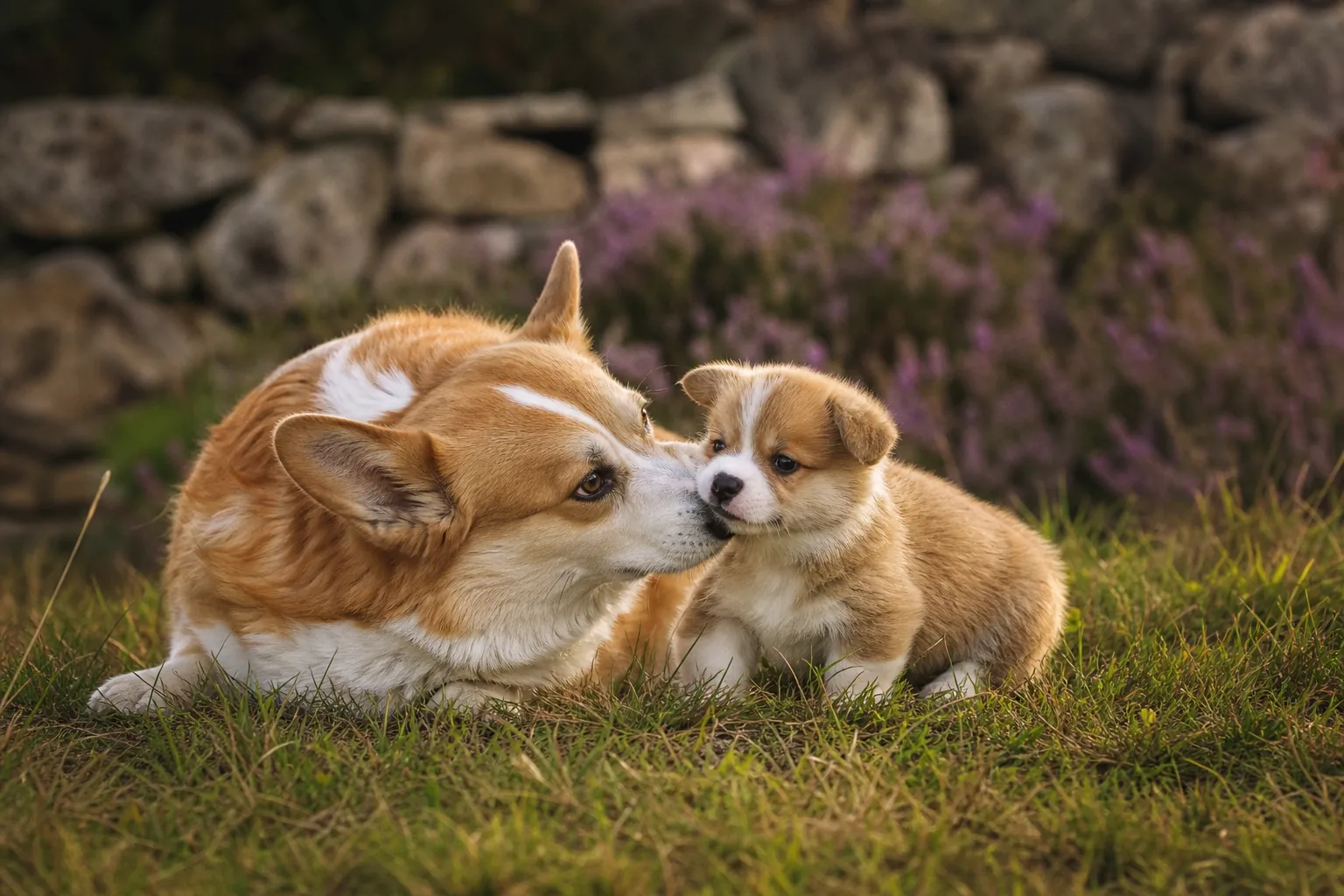 Welsh Corgi Pembroke et son chiot, moment de transmission