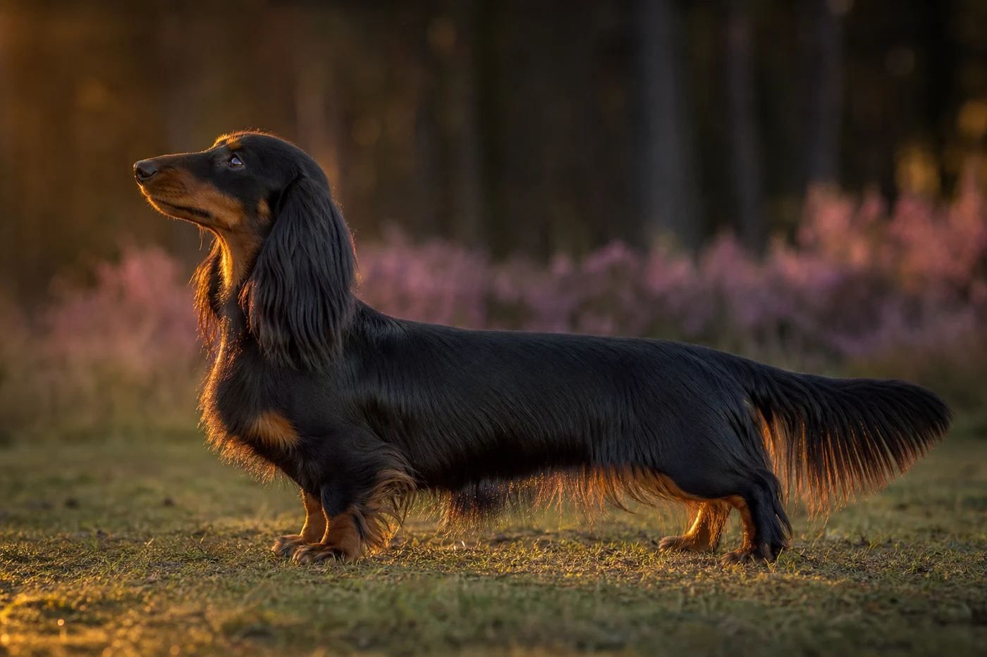 Onyx en statique de profil sur l'herbe, marques feu nettes