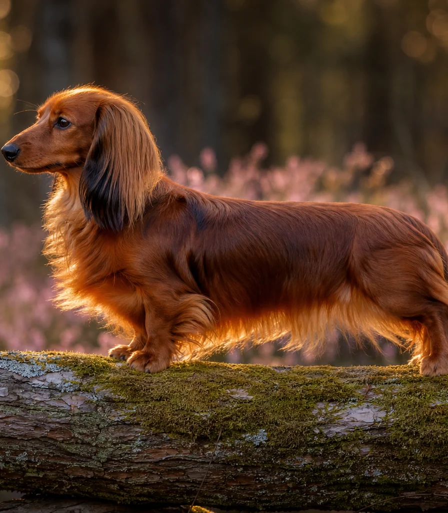 Teckel à poil long de profil sur un tronc moussu, dos long bien visible